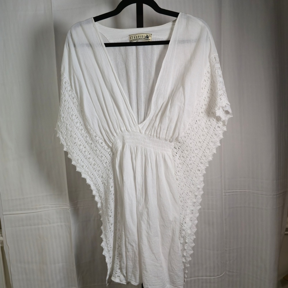 Seaspicea Resort Wear White Cotton Butterfly Crochet Trim Cover Up‎ Dress Medium